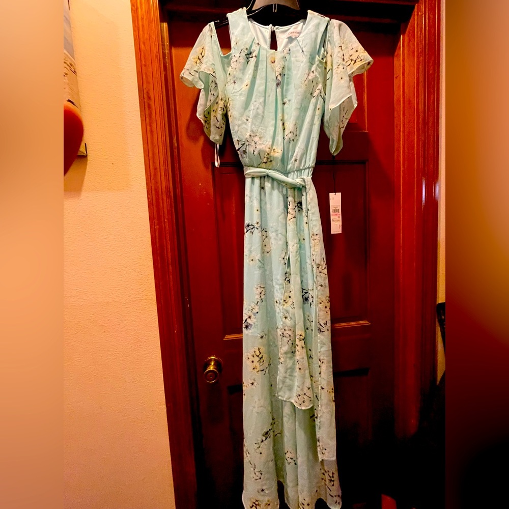 Calvin Klein Light Teal Floral Print Maxi Dress with Cold Shoulders